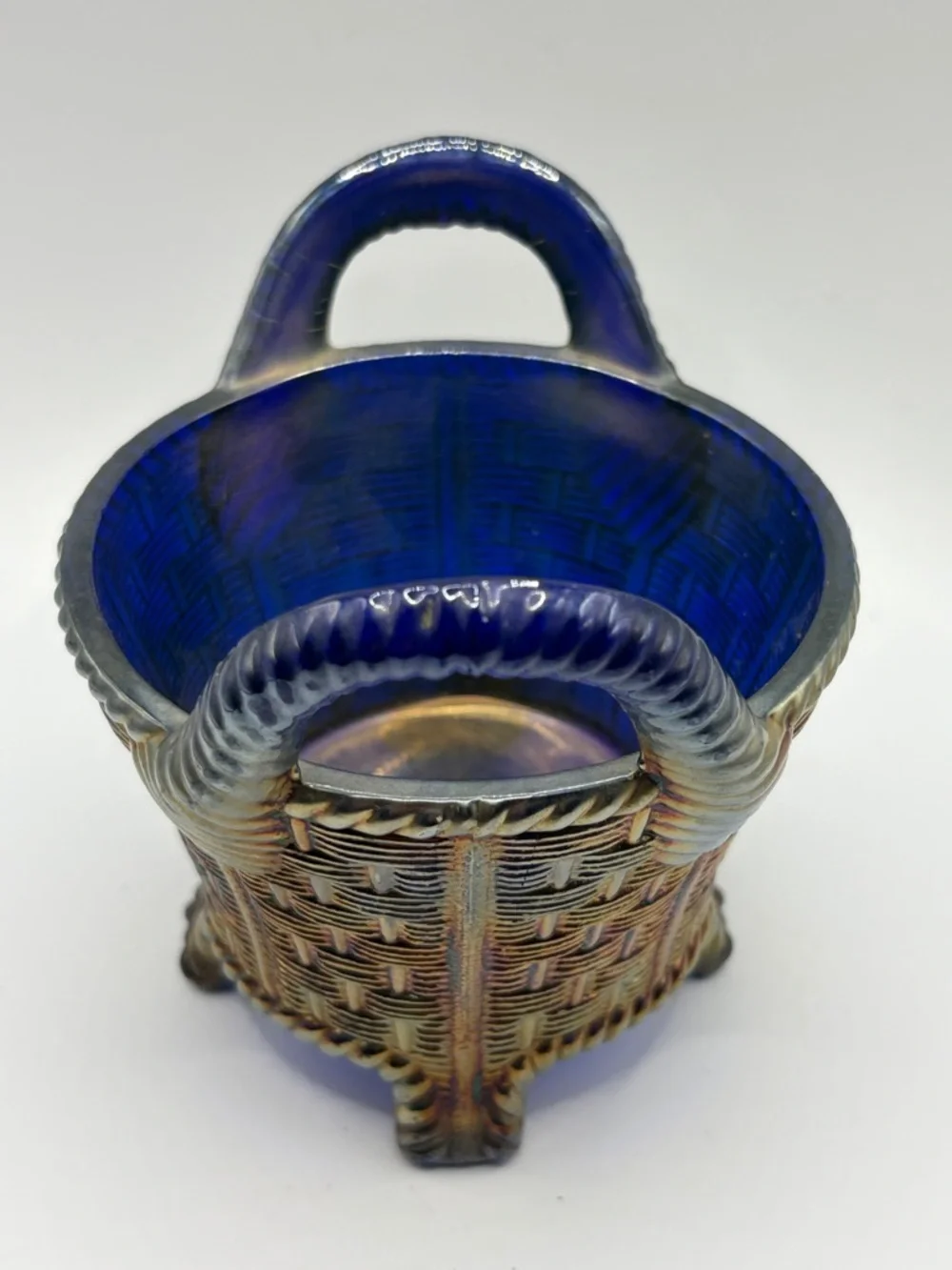 Northwood Antique Bushel Basket Cobalt Blue Carnival Glass Vase Vessel Decor
